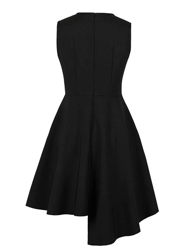 Fashion Elegant High Quality Casual All-match Lady Black Cotton Round Neck Sleeveless Knee Length A-Line Dress Back View