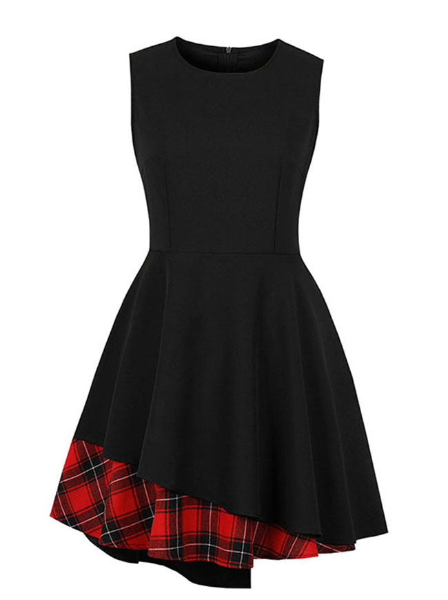 Fashion Sleeveless Irregular Hemline Plaid A-Line Swing Dress