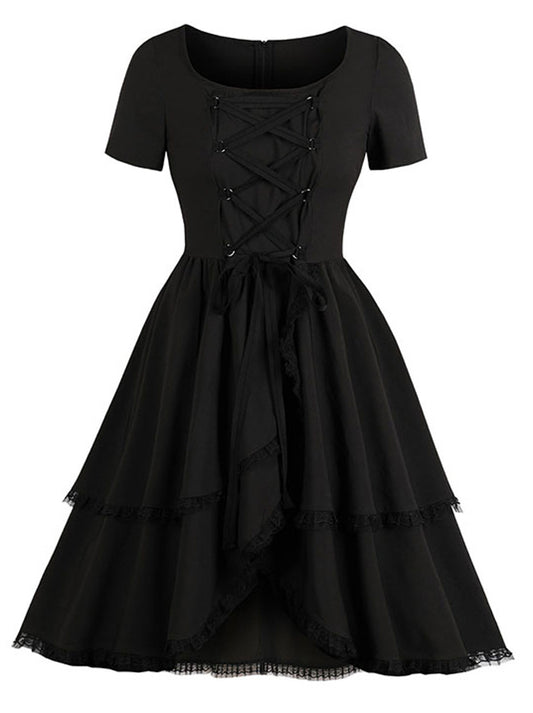 1950's Vintage Victorian Retro Short Sleeves Casual Ruffled Tiered Layered Midi Dress Main View