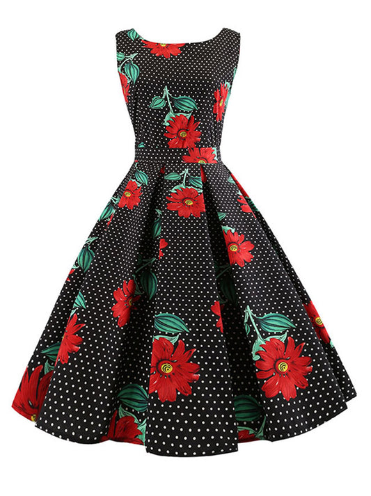 1950's Elegant Polka Dot Belted Printed Cocktail Swing Dress