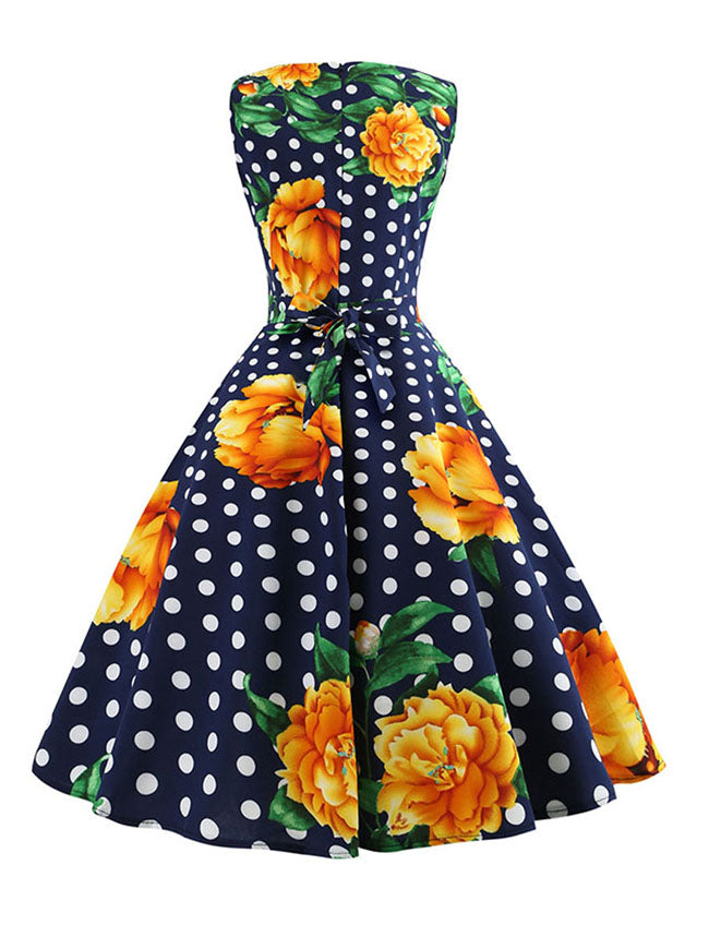 Classical Vintage Lady Navy-Blue Floral Round Dot Round Neck Sleeveless Knee Length A-Line Dress Back View