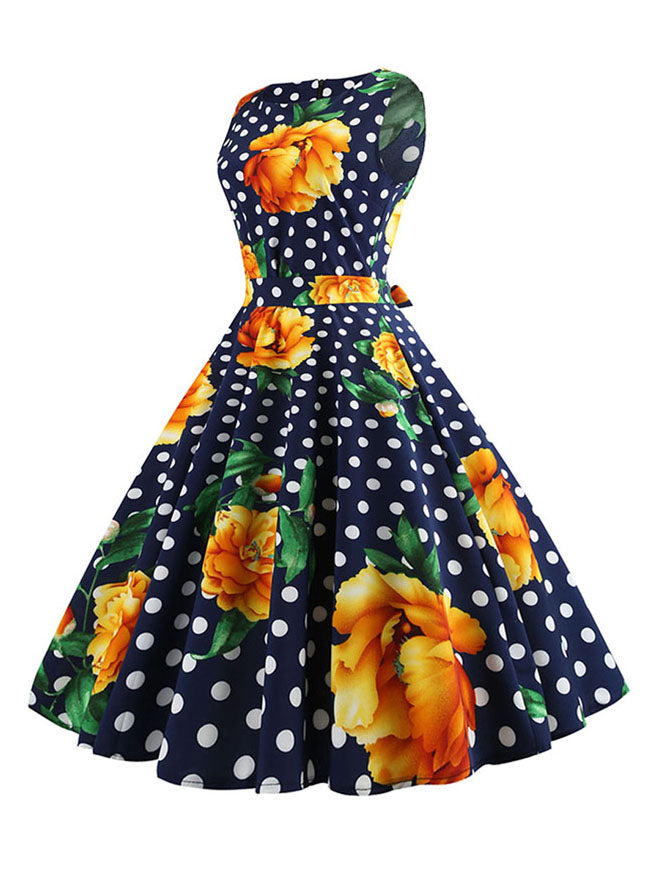 50s Elegant Retro Women Knee Length Fit and Flared Polka Dot Garden Picnic Cocktail Dress Side View