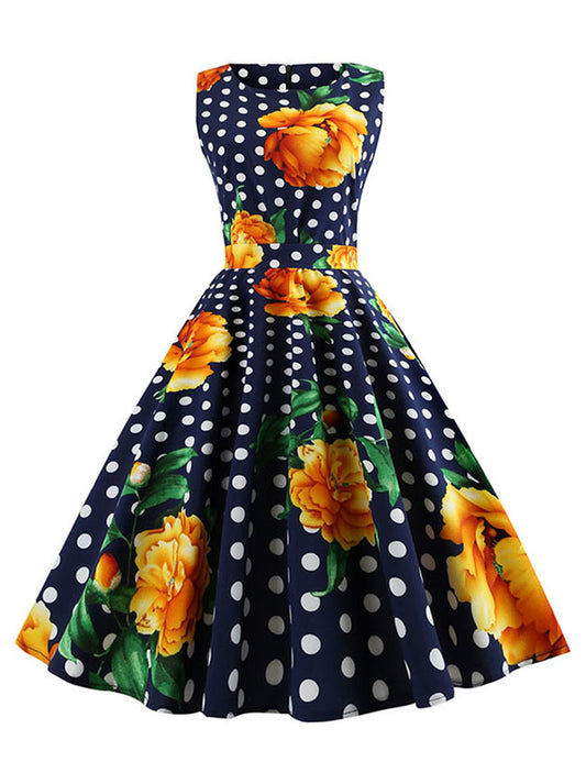 Vintage Polka Dot Floral Printed Cocktail Party Spring Swing Dress