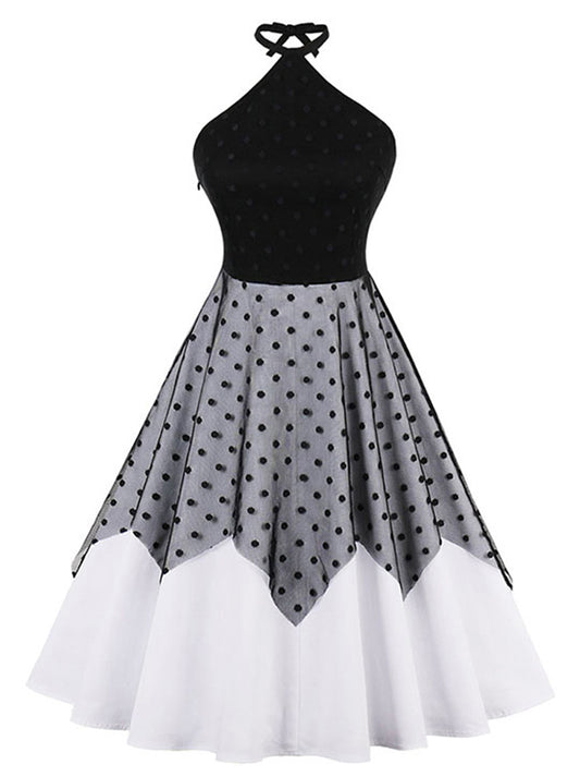 Retro Halter Polka Dot Mesh Patchwork Cocktail Party Swing Dress Main View