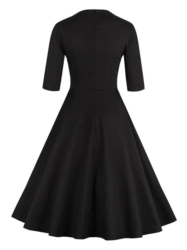 Elegant Vintage Women Black Cotton Embroidery Floral Round Neck 3/4 Length Sleeve Midi A-Line Dress Back View