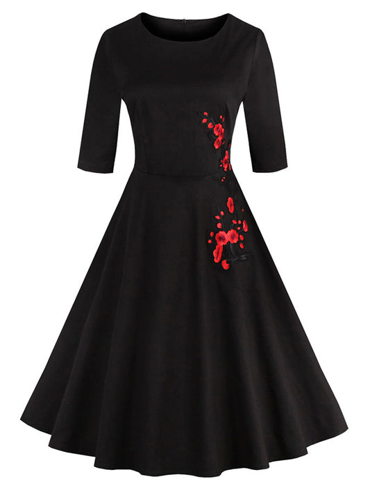 Classic 1950's Vintage Floral Embroidery Half Sleeves Casual Cocktail Party Dress