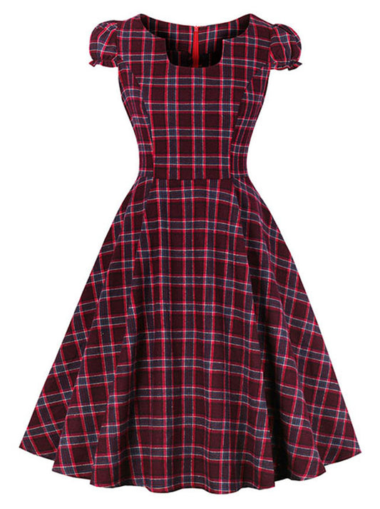 1950s Vintage Retro Puff Sleeve Christmas Plaid Pleated Swing Cocktail Dress Main View