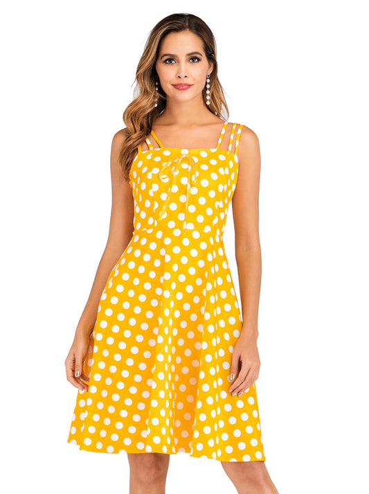 Vintage Polka Dot Sleeveless Summer Beach Party Flared Midi Dress