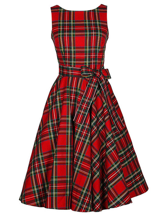 1950's Vintage Plaid Belted A-Line Picnic Party Cocktail Dress