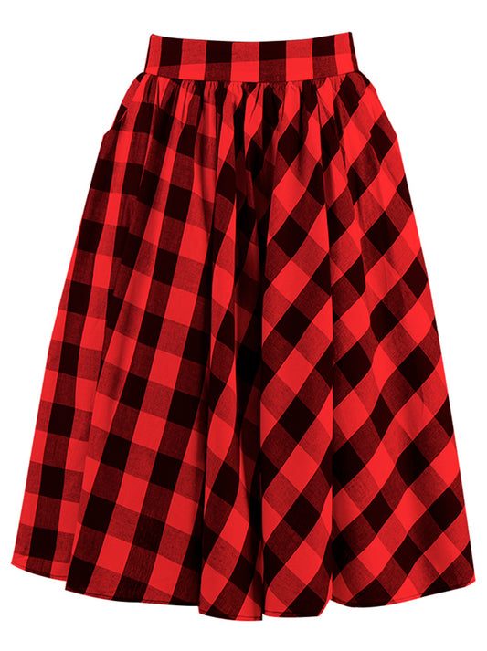 Vintage Plaid High Waisted A-Line Flared Pleated Skater Full Midi Skirt with Pockets Main View