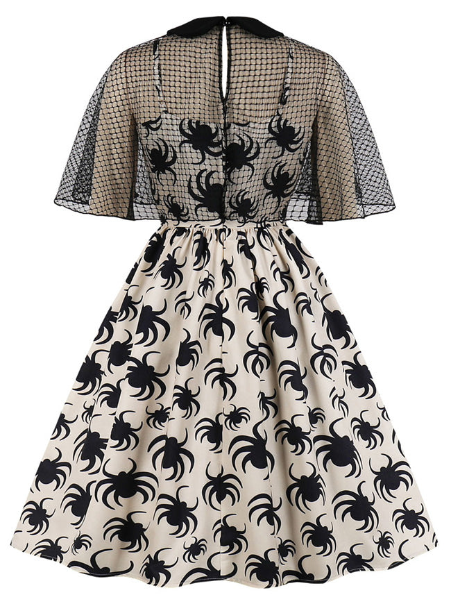 50s Vintage Retro Style Spider Printed Spaghetti Strap Dress with Mesh Cloak