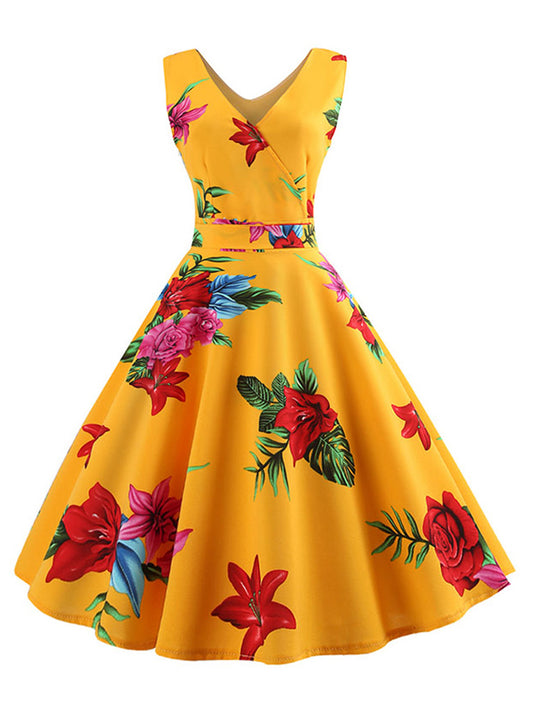 Vintage Floral Printed V Neck Belted Cocktail Summer Swing Dress