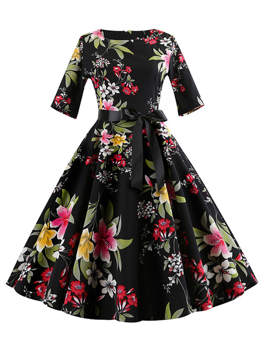 1950s Elegant Retro Floral Printed Half Sleeve Flare Swing Dress Main View