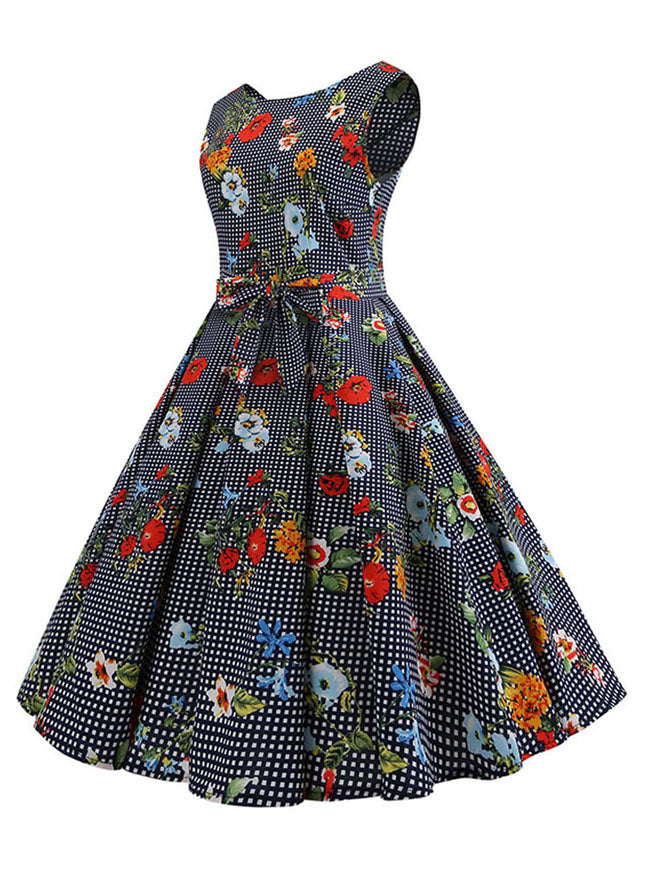 Women's 1950's Vintage Printed Sleeveless High Waist Cocktail Party Plaid Swing Dress Navy Blue Side View