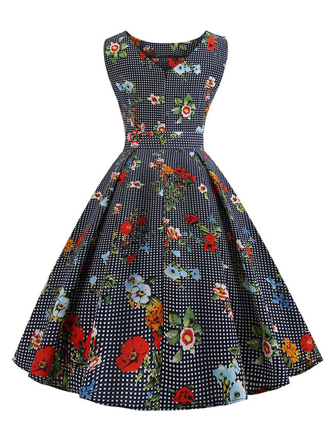 Women's Floral Printed Sleeveless High Waist Homecoming Plaid Swing Dress Navy Blue Back View