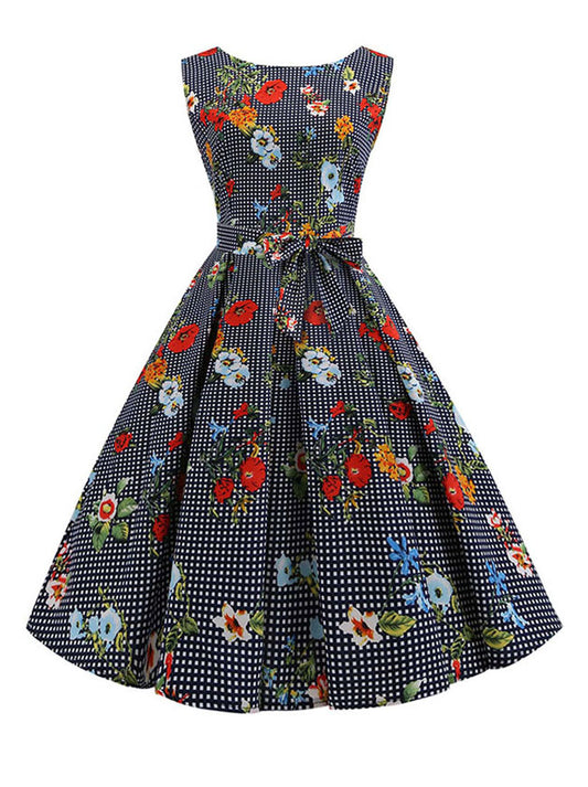 1950's Vintage Floral Printed Cocktail Party Spring Swing Dress Main View