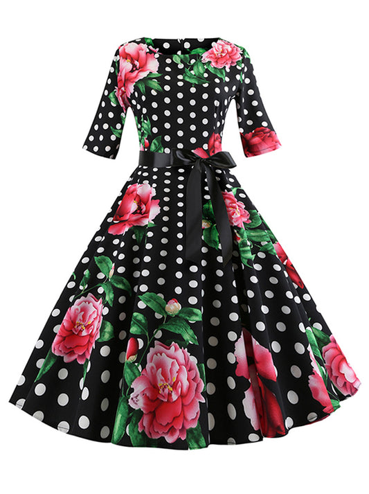 1950s Elegant Retro Floral Printed Half Sleeve Flare Swing Dress