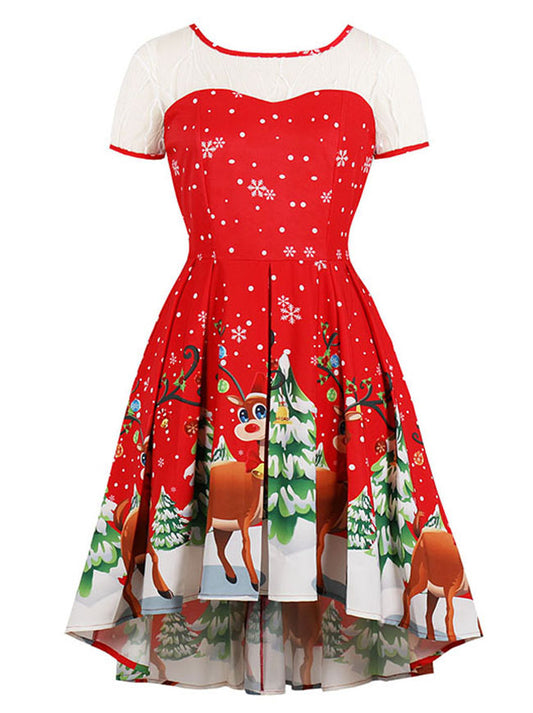 Vintage Mesh Patchwork Christmas Reindeer Printed Pleated High-Low Swing Midi Dress