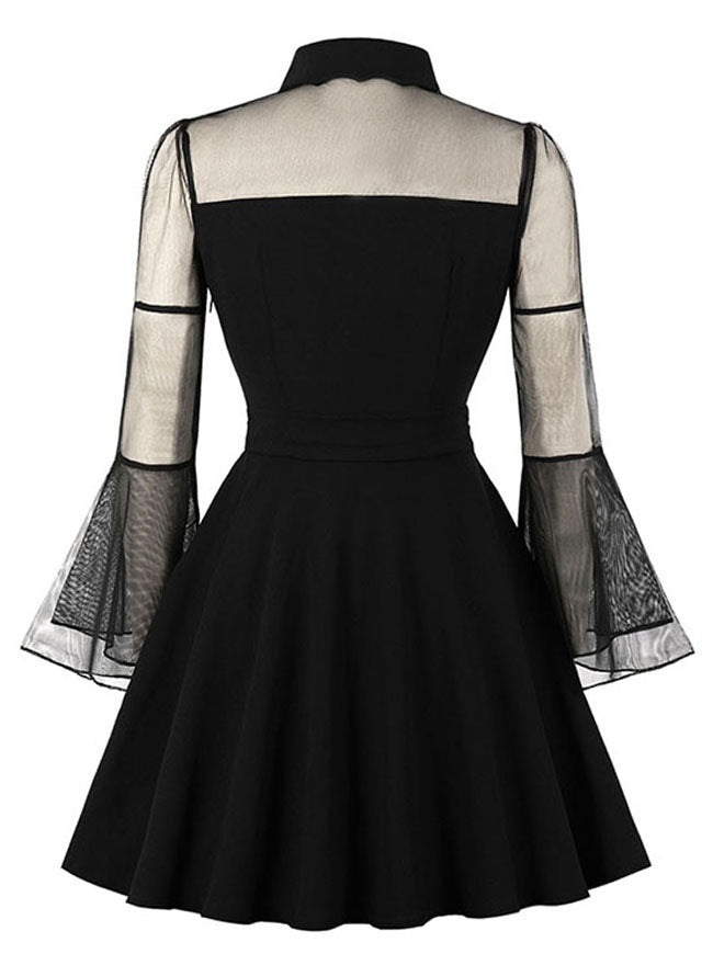 Women's Vintage Sweetheart See-through Long Sleeves Flared Cocktail Party Swing Dress Black Back View