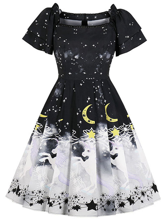 Retro Unicorn Printed Short Sleeves Vintage Cocktail Swing Dress Main View