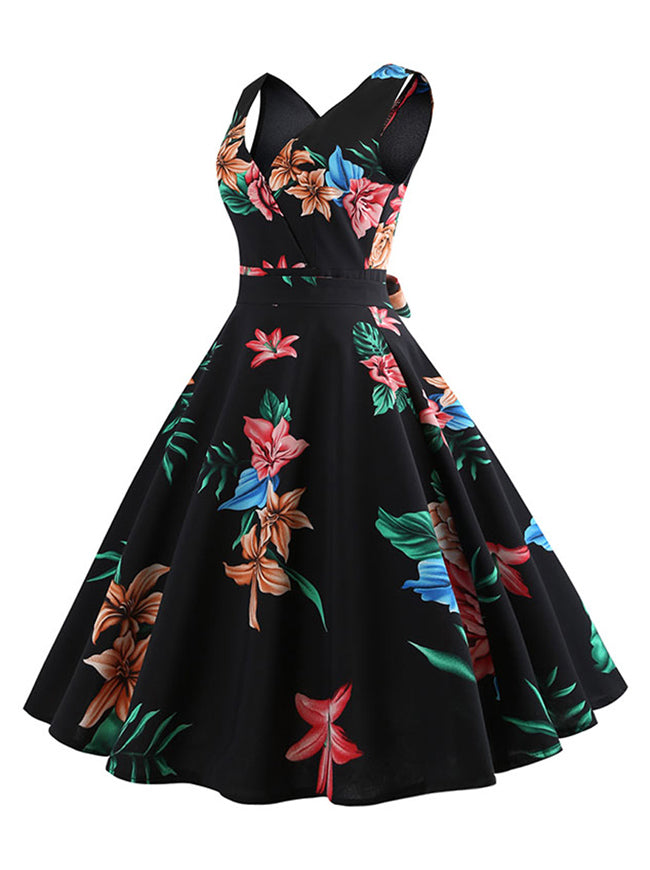 1950 Vintage Retro Floral Printed Sleeveless Garden Party Picnic Dress