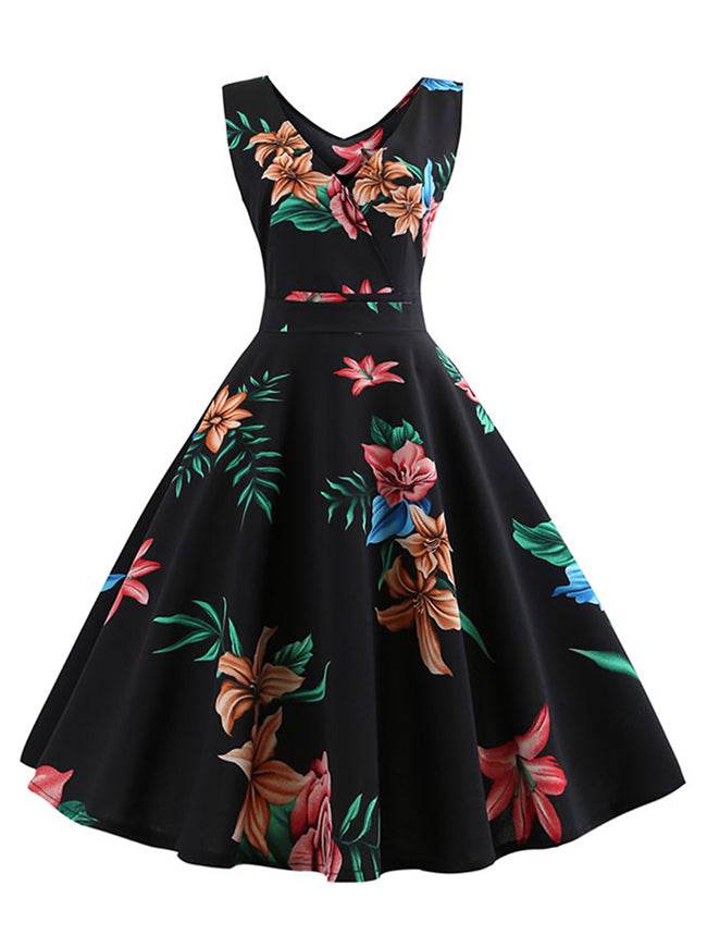 Vintage Retro Floral Printed V Neck Belted Cocktail Swing Dress