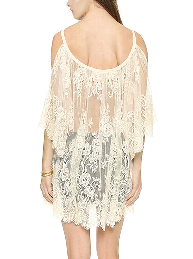 Summer Beach Casual Flared Long Sleeve Cover Up Lace Up One Piece Floral Print Lace Sexy Night Club Tank Top Back View