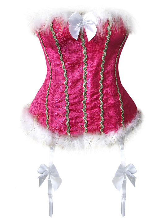 Kimring Women's Luxurious Mrs Claus Valentines Marabou Trim Overbust Corset Top