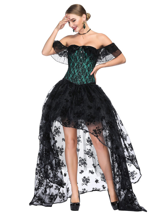 Steampunk Victorian Elegant Off Shoulder Overbust Corset Dress Skirt Set  With Lace Long Sleeves