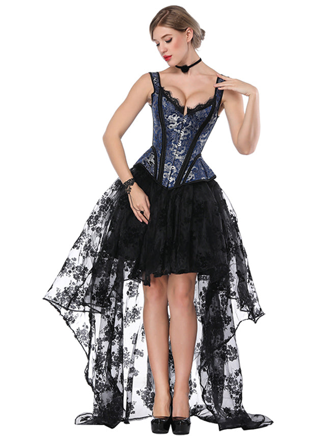 Women's Gothic Jacquard Shoulder Straps V neck Overbust Corset Bustier with Organza High Low Skirt Set Blue/Black Main View