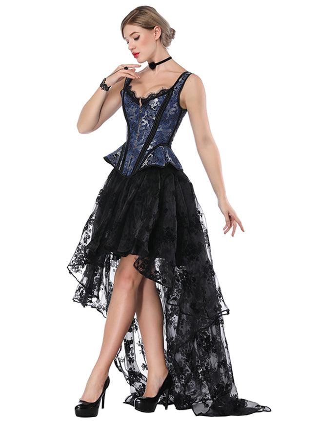 Women's Steampunk Jacquard Shoulder Straps Tank Overbust Corset with Organza High Low Skirt Set Blue/Black Side View