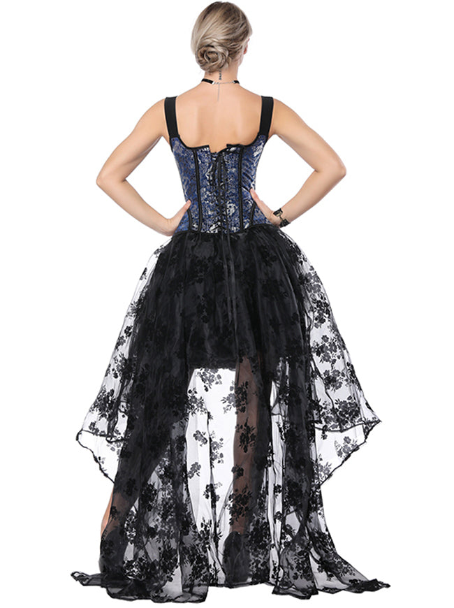 Women's Vintage Jacquard Shoulder Straps Tank Corset Bustier with Organza High Low Skirt Set Blue/Black Back View