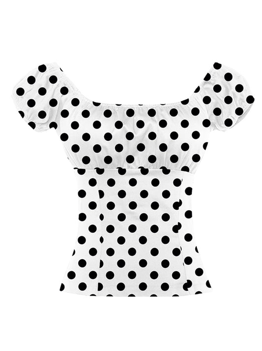 Short Sleeves Ruffled Vintage Polka Dot Print Off Shoulder T-shirt Casual Blouse Top