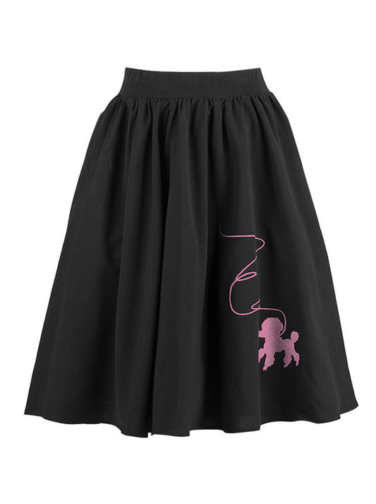 Vintage Embroidered High Waisted A Line Flared Pleated Skater Full Midi Skirt with Pockets Main View