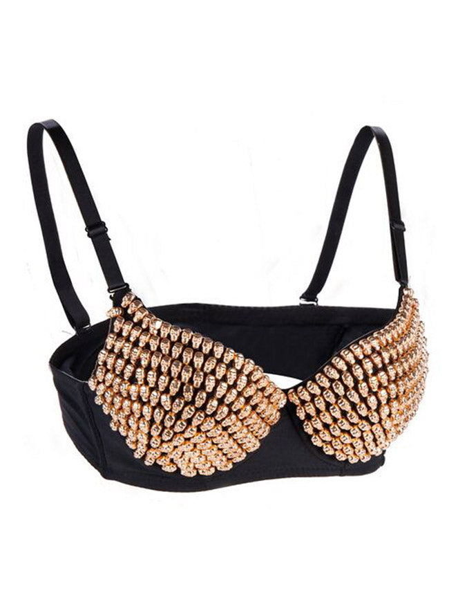 Women's Fashion B Cup Spike Studs Rivet Party Push Up Bra Tops Skull-gold Side View