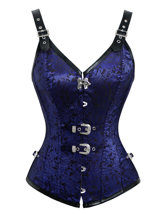 Gothic Steampunk Brocade Overbust Corset Vest Spiral Steel Boned Bustier