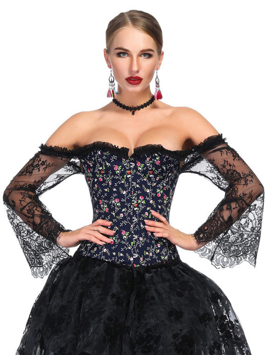 Vintage Steampunk Overbust Corset Off Shoulder Floral Bustier Top with Long Sleeves