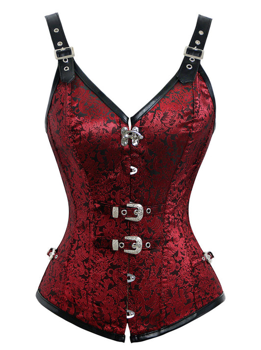 Gothic Steampunk Brocade Overbust Corset Vest Spiral Steel Boned Bustier