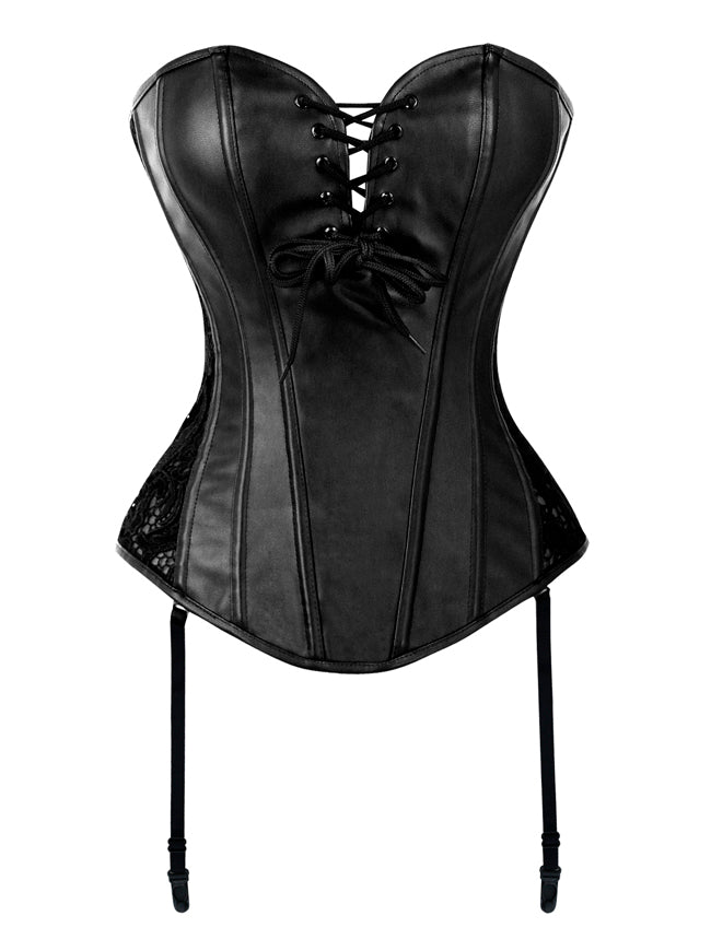 Women's Steampunk Boned Faux Leather Lace Clubwear Corset with Garters Black Main View