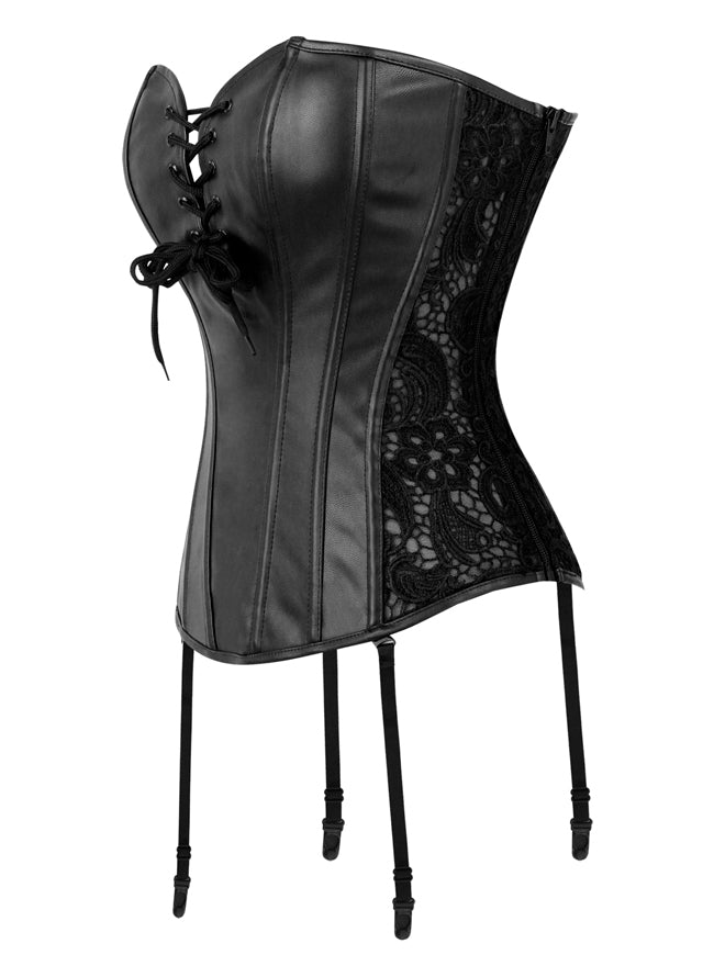 Women's Vintage Boned Faux Leather Lace Waist Trainer Corset with Garters Black Side View