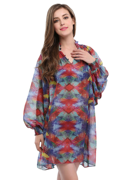 V Neck Long Sleeve Casual Loose Chiffon Dress