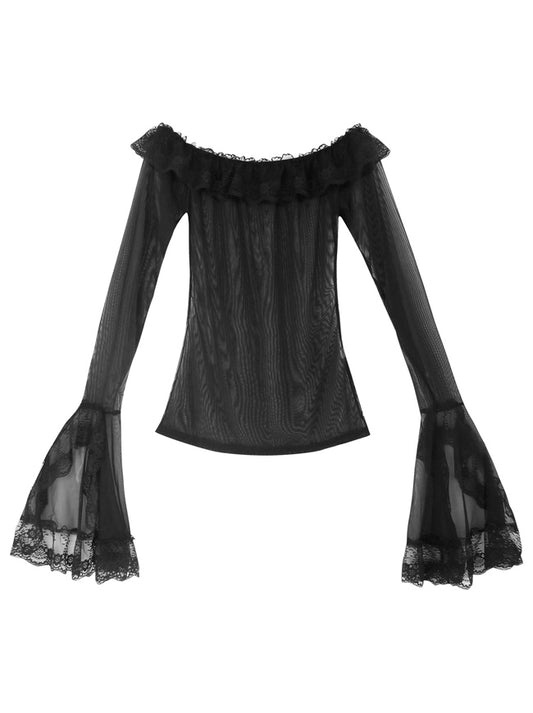 Off Shoulder Ruffle Long Sleeves See Through Mesh Blouse Top