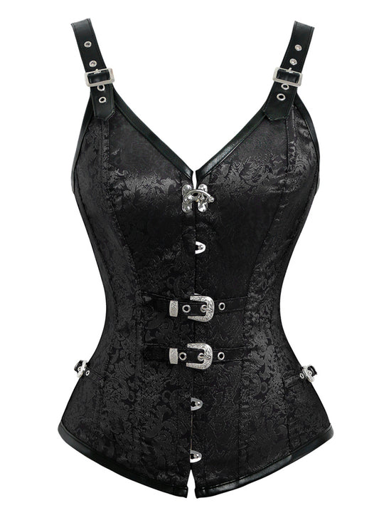 Gothic Steampunk Brocade Overbust Corset Vest Spiral Steel Boned Bustier Main View