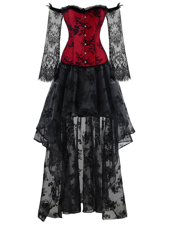 Women Overbust Vintage Steampunk Corset + Black Lace Skirt 2 Pcs Set Ret  Vampire Costume Cosplay Costumero Gothic Victorian Brocade