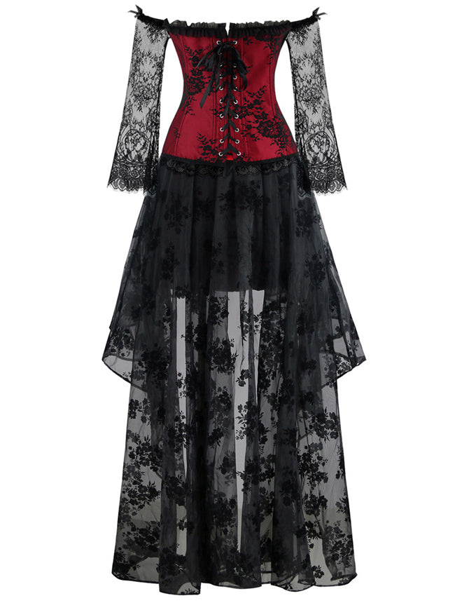 Burvogue Women Steampunk Dress Corset Top and Multi Layered Chiffon Skirt  Set