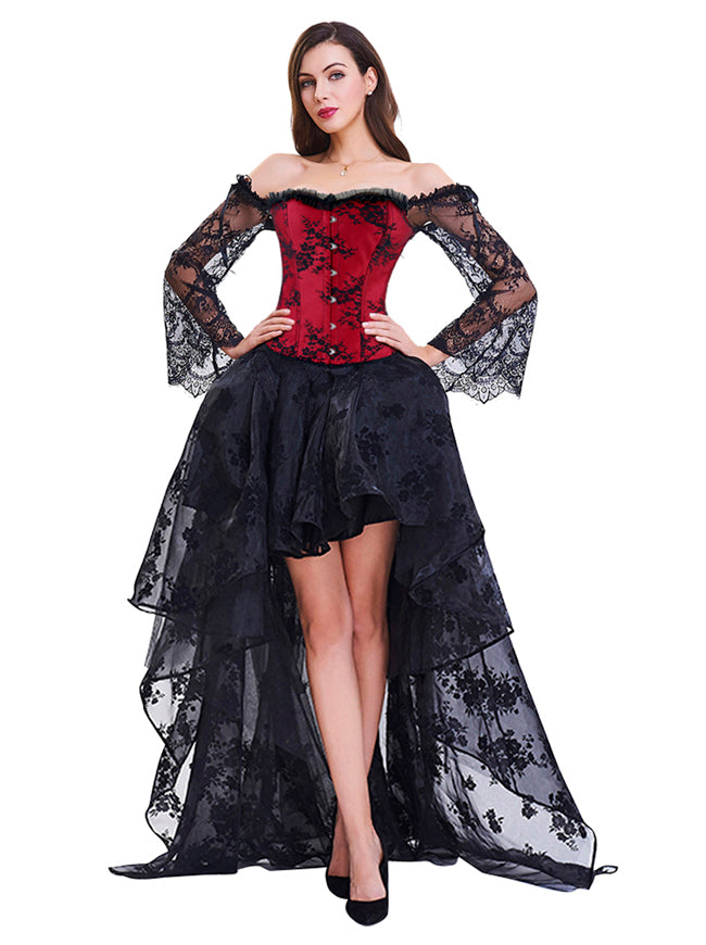Victorian Gothic Royal Jacquard Corset Bridal Lace Up Bustier Tops  Steampunk Puff Long Sleeve Overbust Korsett Costume For Women