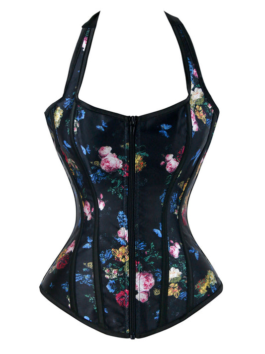 Victorian Gothic Halter Floral Zipper Hourglass Overbust Corset