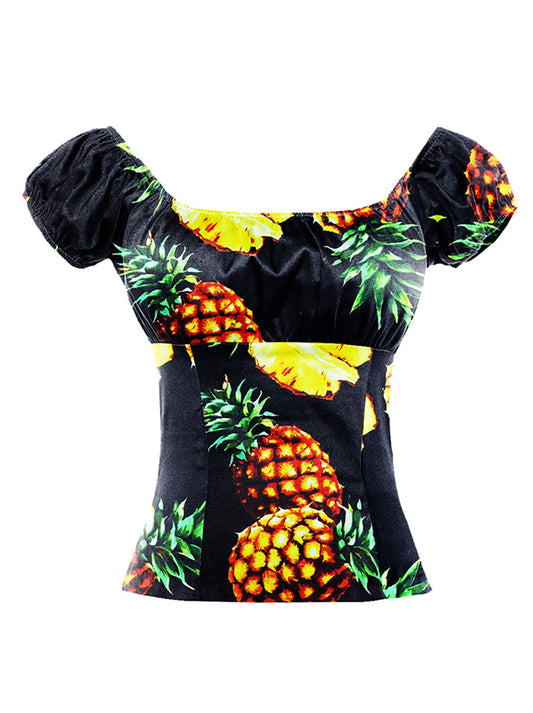 Short Sleeves Pineapple Print Hawaiian Off Shoulder Casual T-shirt Blouse Top Main View