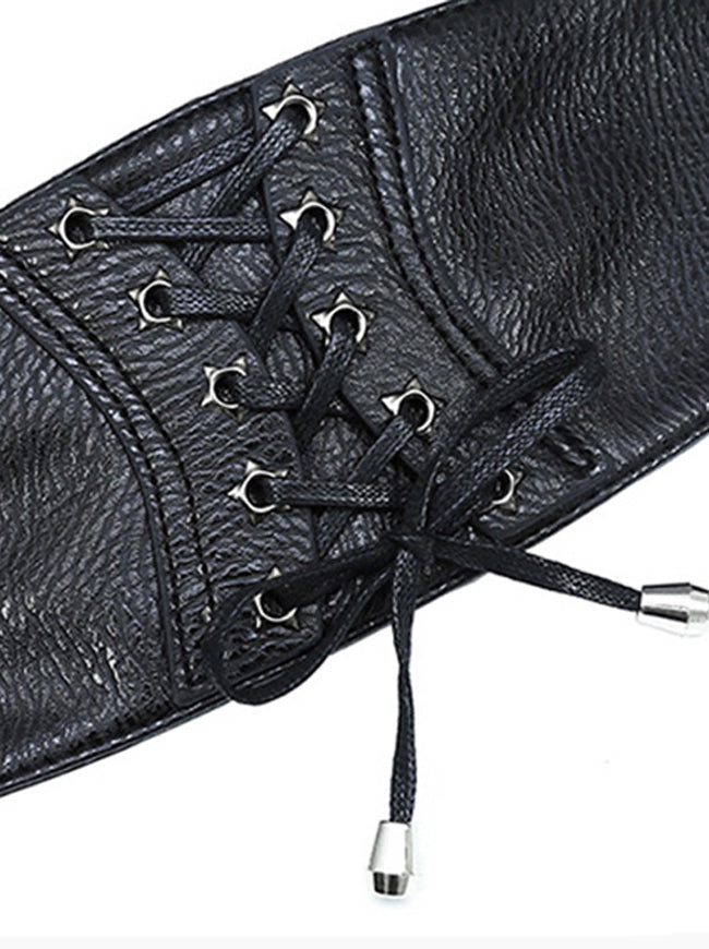 Women's Vintage Flexible Faux Leather Lace-up Elastic High Waist Belt Black Detail View