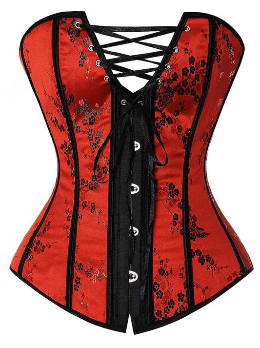 Kimring Women's Burlesque Satin Tapestry Floral Embroidery Overbust Corset